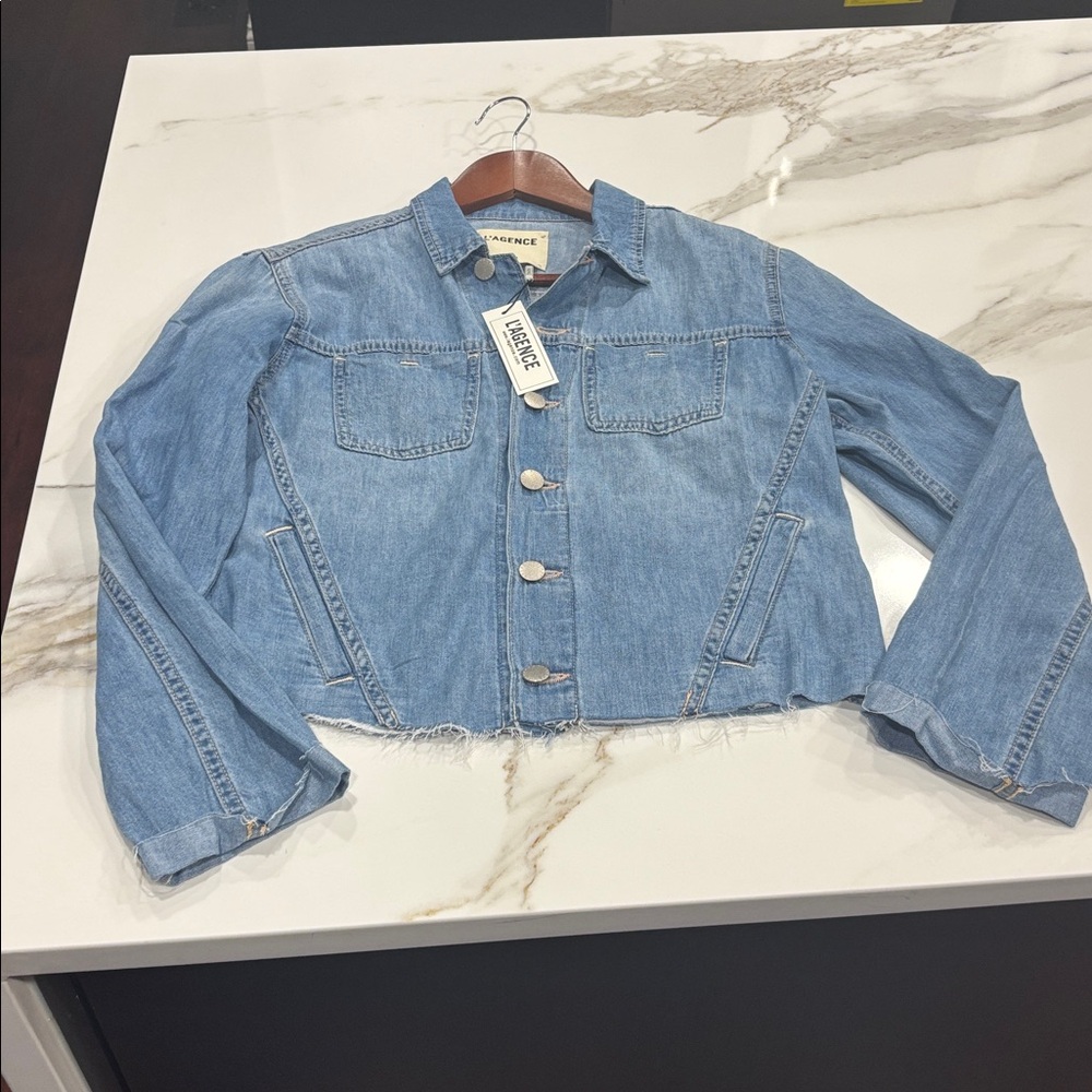 NWT SZ LARGE Janelle Button Front Denim Jacket L'AGENCE Washed Blue Denim Jacket